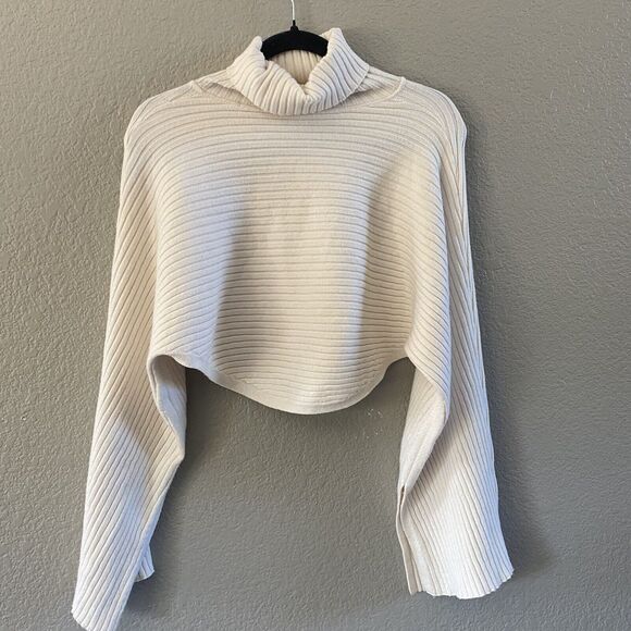 Free People Sweater Billie Mock Neck Womens XS Ivory Crop Ribbed Oversized Boho - Picture 7 of 15